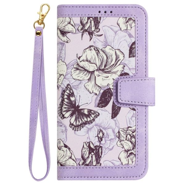 iPhone 15 Læder Cover m. Pung & Strop - Lilla m. Blomster Online Hot Sale