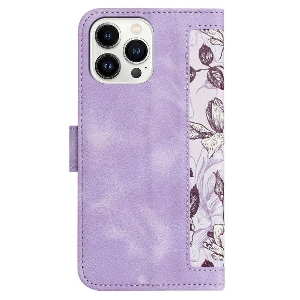 iPhone 15 Læder Cover m. Pung & Strop - Lilla m. Blomster Online Hot Sale